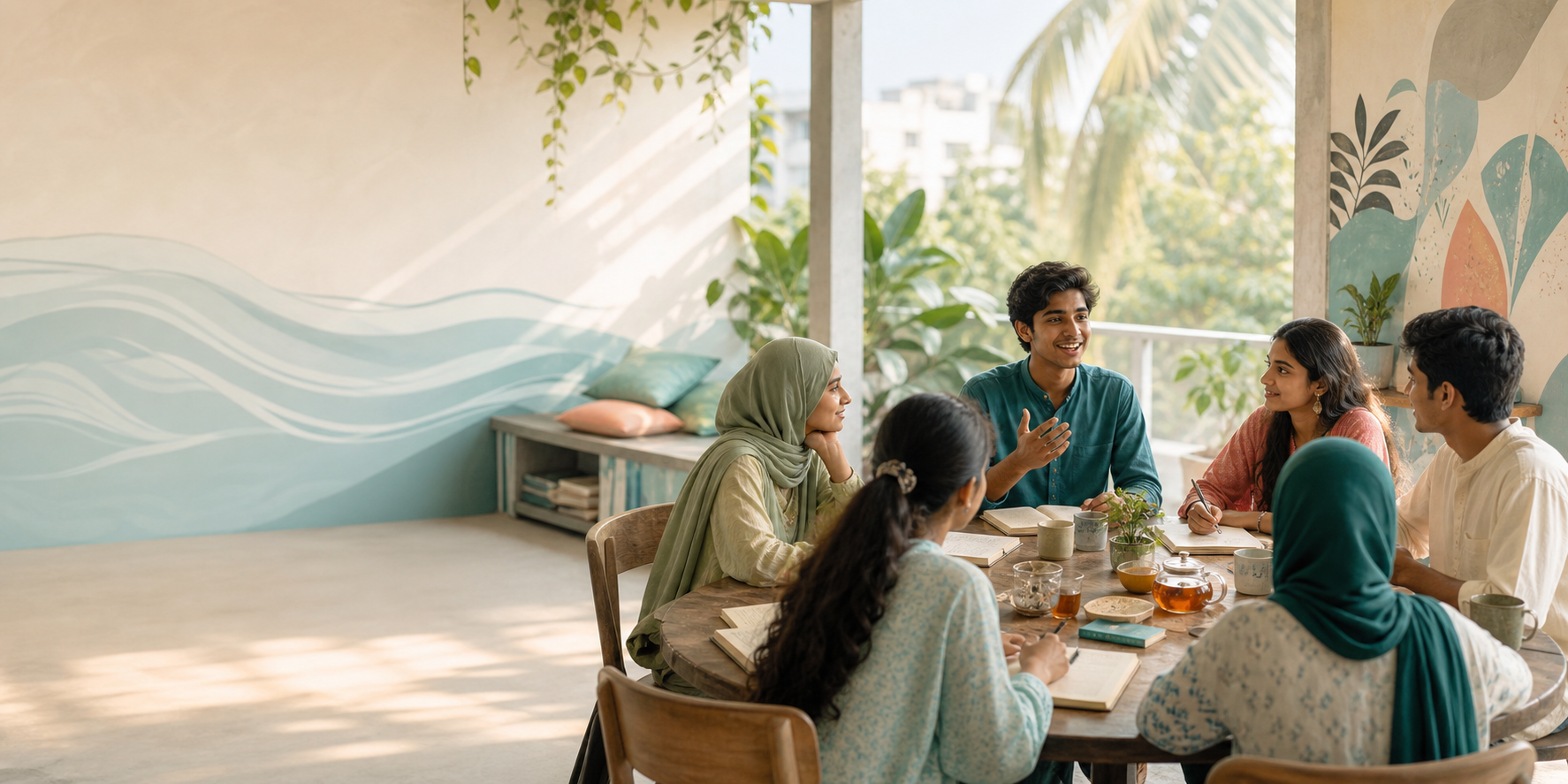 Young people gathered around a table, writing and listening to one another in a calm community space.